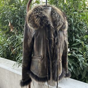 Overland Distressed Leather Fur Trim Coat Size S Western Boho Luxe Jacket Brown